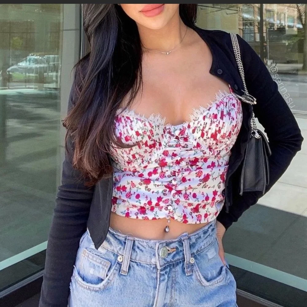 For Love & Lemons Melrose Floral Lace Trim Cut-Out Back White & Red Bustier Top